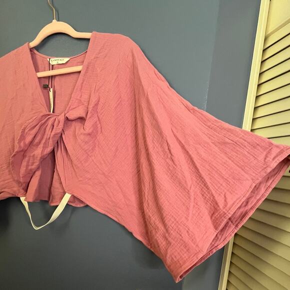 COMMENSE Twist Front Gauze Crop Top Dusty Pink Wide Bell Short Sleeves XS NWT - Picture 2 of 3